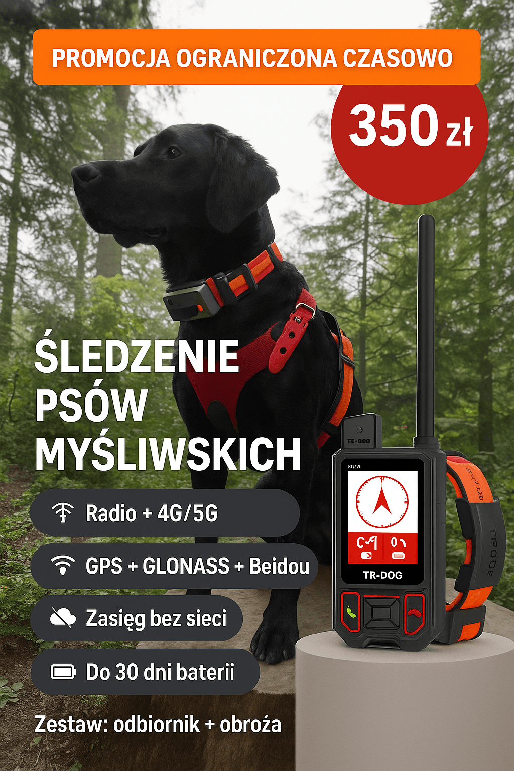 Radiotelefon TR-dog do tropienia psów, zasięg 15 km w górach bez sygnału, możliwość korzystania z GPS i Galileo